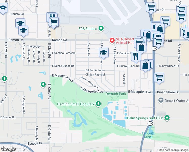 map of restaurants, bars, coffee shops, grocery stores, and more near 3933 Calle San Antonio in Palm Springs