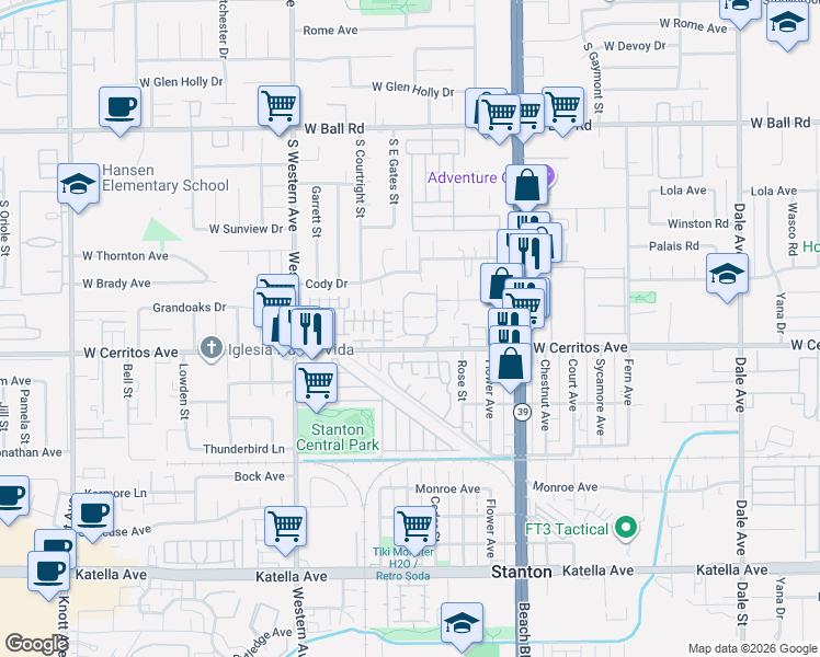 map of restaurants, bars, coffee shops, grocery stores, and more near 10415 West Briar Oaks Drive in Stanton
