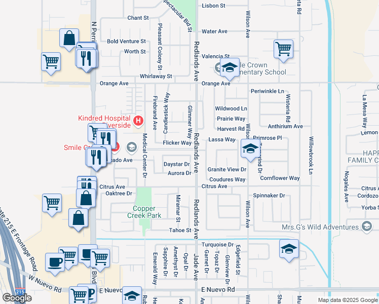 map of restaurants, bars, coffee shops, grocery stores, and more near 370 Morning Sky Drive in Perris
