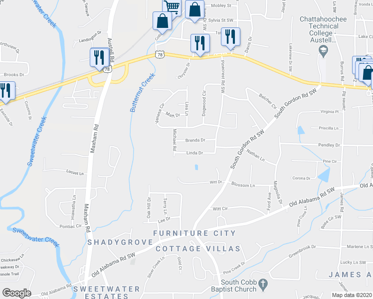 map of restaurants, bars, coffee shops, grocery stores, and more near 1966 Linda Drive in Austell