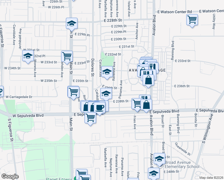 map of restaurants, bars, coffee shops, grocery stores, and more near 350 East 236th Street in Carson