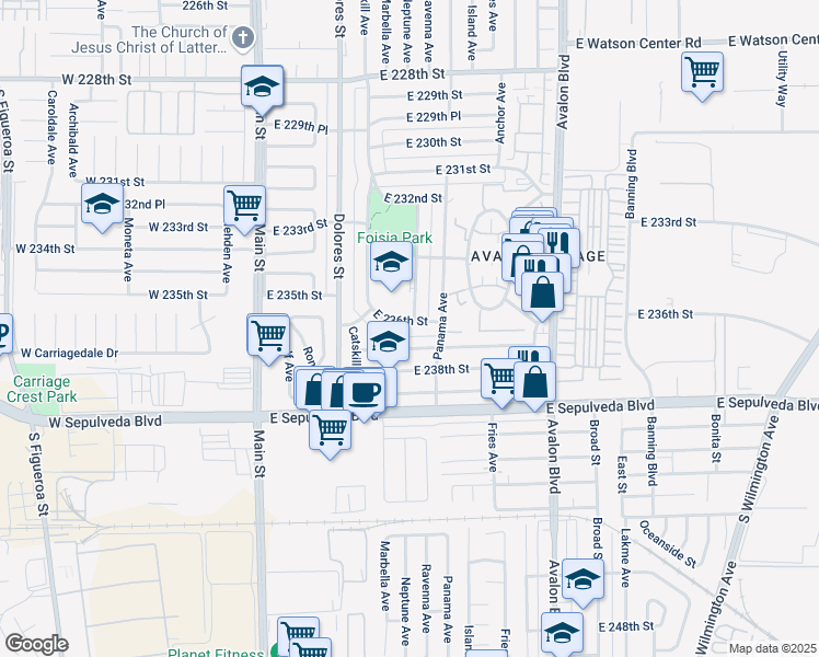 map of restaurants, bars, coffee shops, grocery stores, and more near 350 East 236th Street in Carson