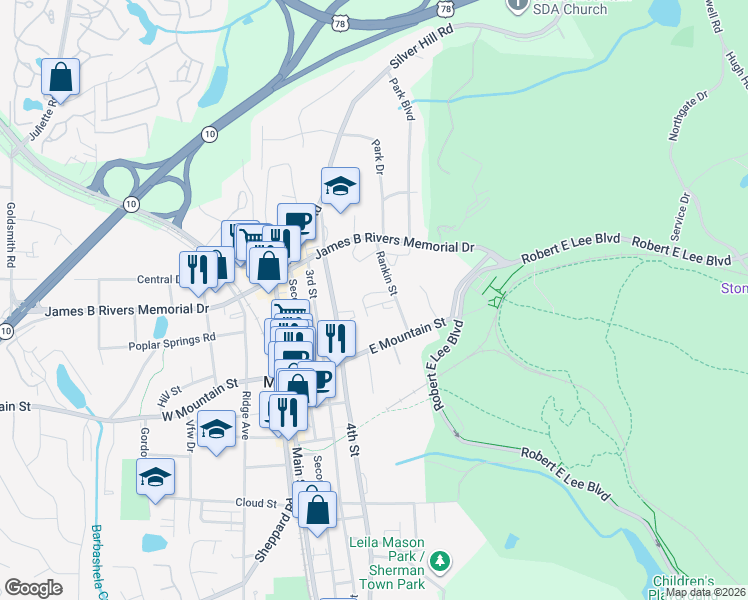 map of restaurants, bars, coffee shops, grocery stores, and more near 1151 Rankin Street in Stone Mountain