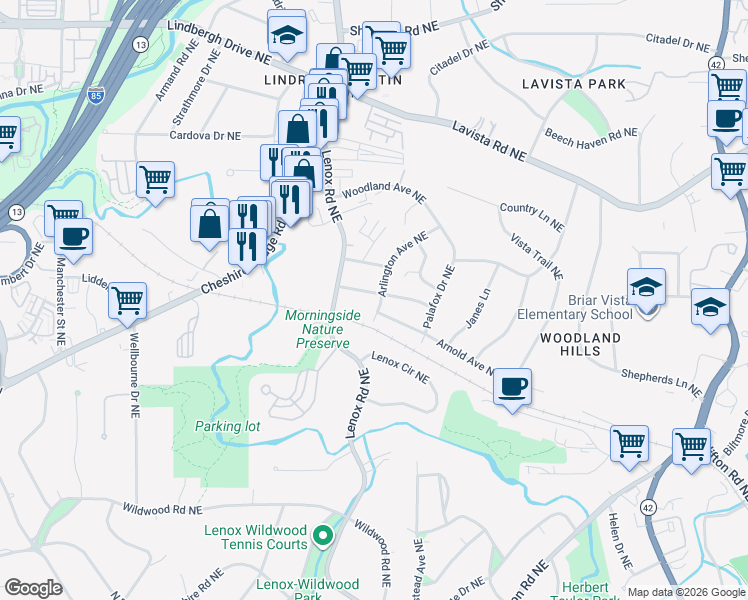map of restaurants, bars, coffee shops, grocery stores, and more near 2087 Arlington Avenue Northeast in Atlanta