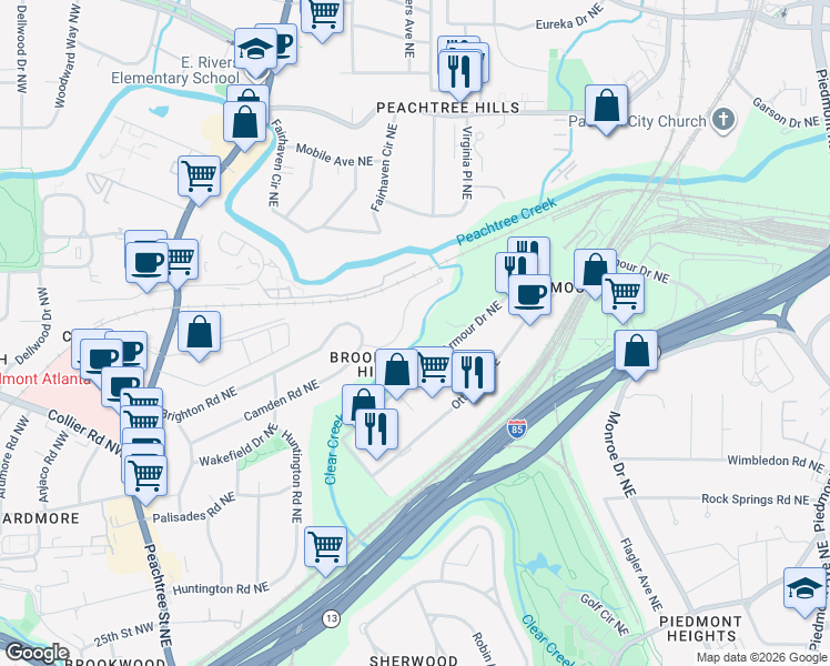 map of restaurants, bars, coffee shops, grocery stores, and more near 309 Camden Road Northeast in Atlanta