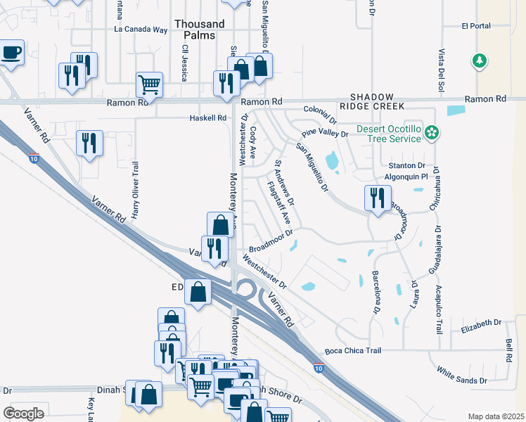 map of restaurants, bars, coffee shops, grocery stores, and more near 32720 Bloomfield Avenue in Thousand Palms