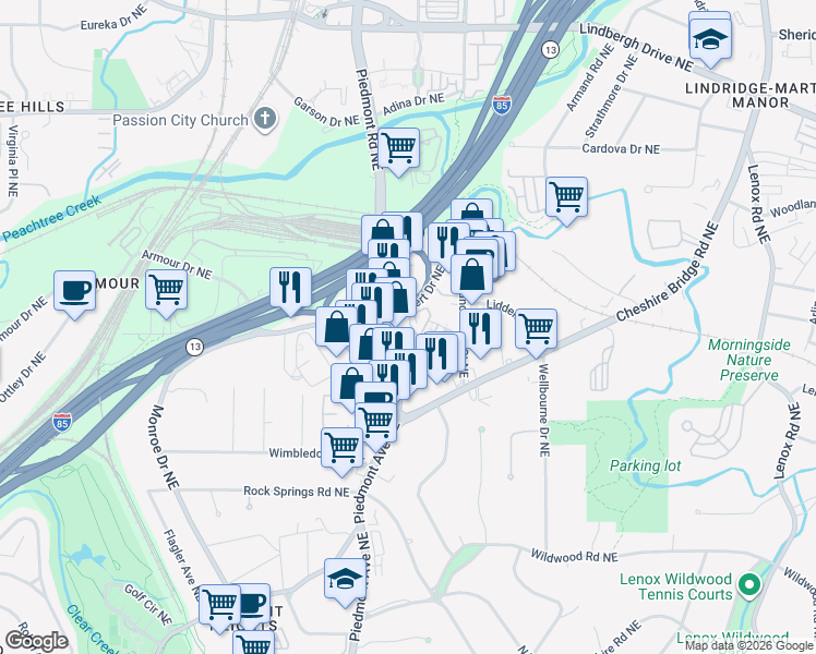 map of restaurants, bars, coffee shops, grocery stores, and more near 2055 Piedmont Road Northeast in Atlanta