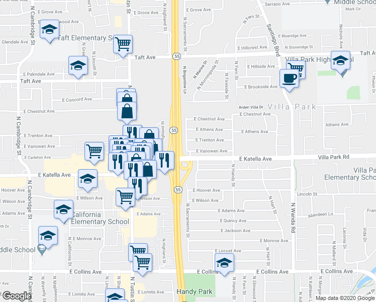 map of restaurants, bars, coffee shops, grocery stores, and more near 1408 East Vanowen Avenue in Orange