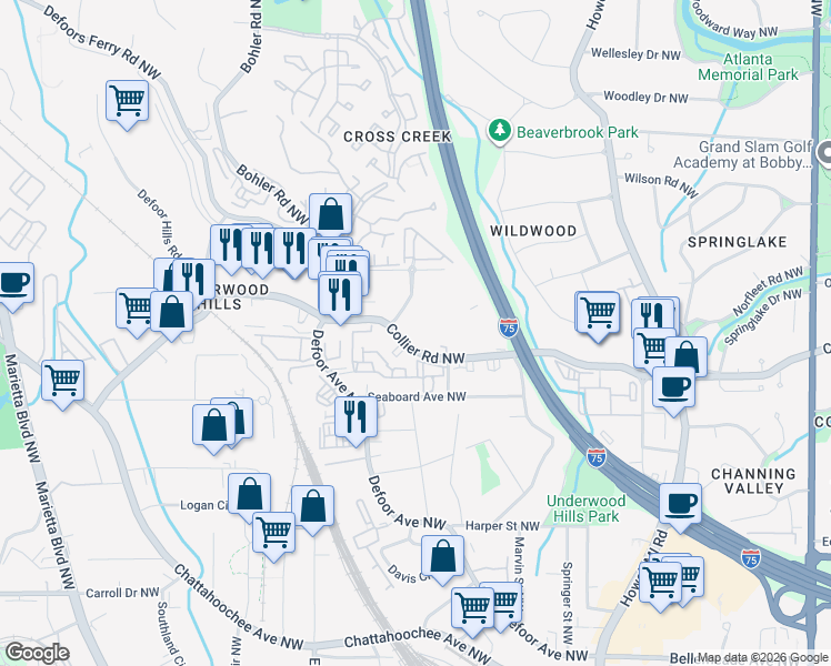 map of restaurants, bars, coffee shops, grocery stores, and more near 1101 Collier Road Northwest in Atlanta