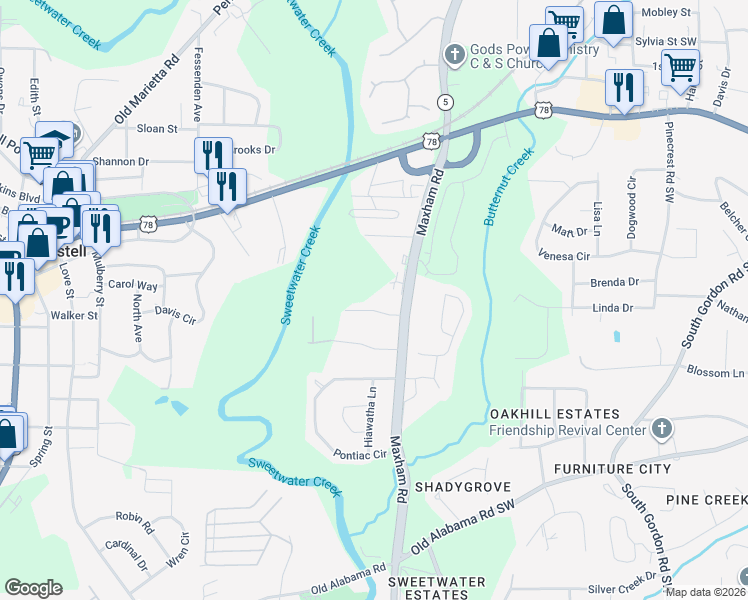 map of restaurants, bars, coffee shops, grocery stores, and more near 2290 Salt Springs Place in Austell