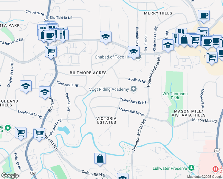 map of restaurants, bars, coffee shops, grocery stores, and more near 1127 Rogeretta Drive Northeast in Atlanta