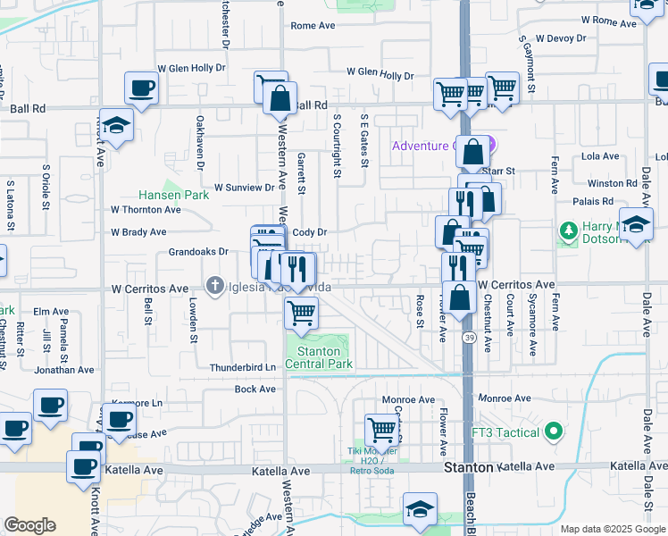 map of restaurants, bars, coffee shops, grocery stores, and more near 10430 Drake Way in Stanton