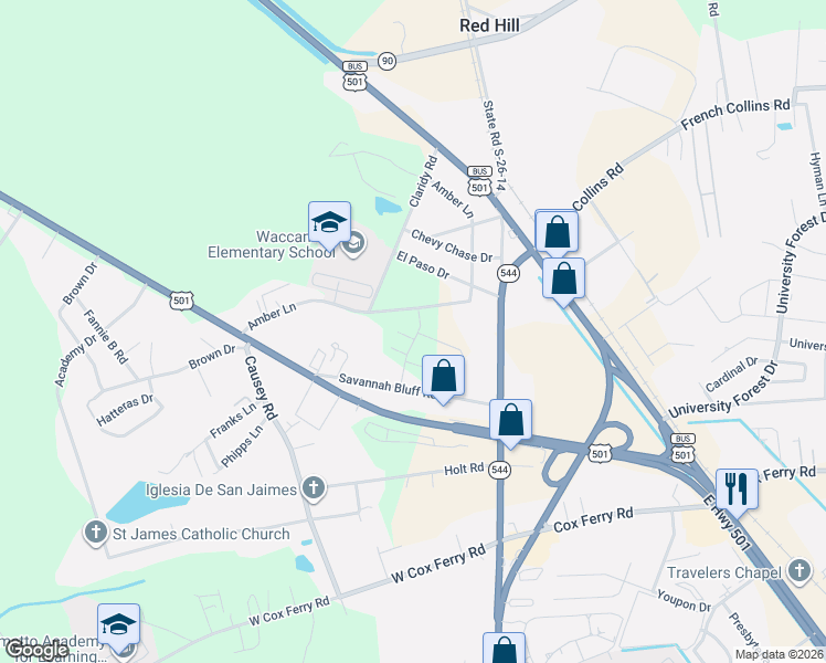 map of restaurants, bars, coffee shops, grocery stores, and more near 294 Amber Lane in Conway