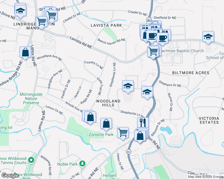 map of restaurants, bars, coffee shops, grocery stores, and more near 1117 Shepherds Lane Northeast in Atlanta