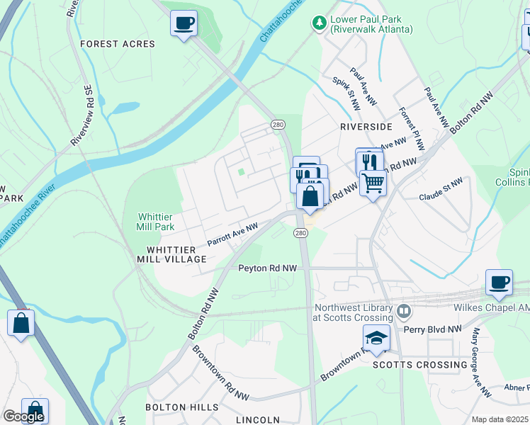 map of restaurants, bars, coffee shops, grocery stores, and more near 2061 Hatteras Way Northwest in Atlanta