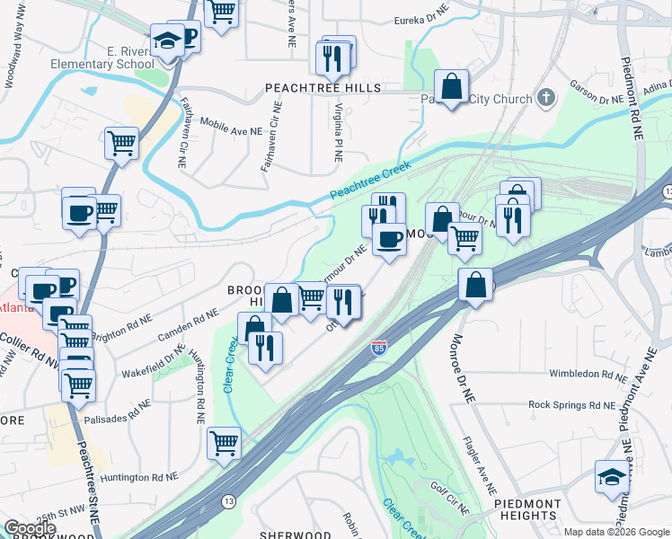 map of restaurants, bars, coffee shops, grocery stores, and more near 2 Armour Drive Northeast in Atlanta