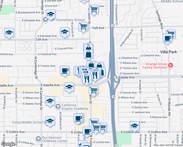map of restaurants, bars, coffee shops, grocery stores, and more near 1419 North Tustin Street in Orange