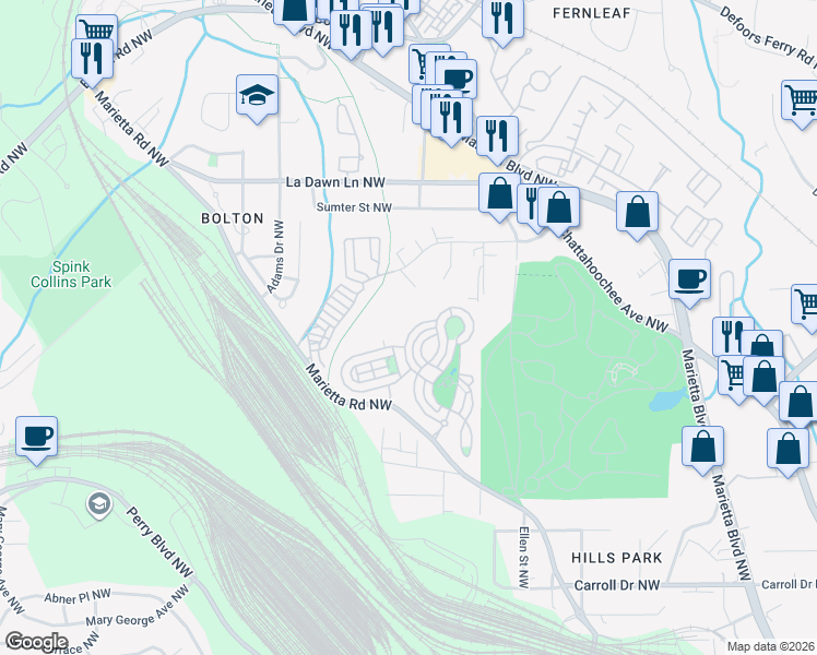 map of restaurants, bars, coffee shops, grocery stores, and more near 1716 Barfield Run Northwest in Atlanta