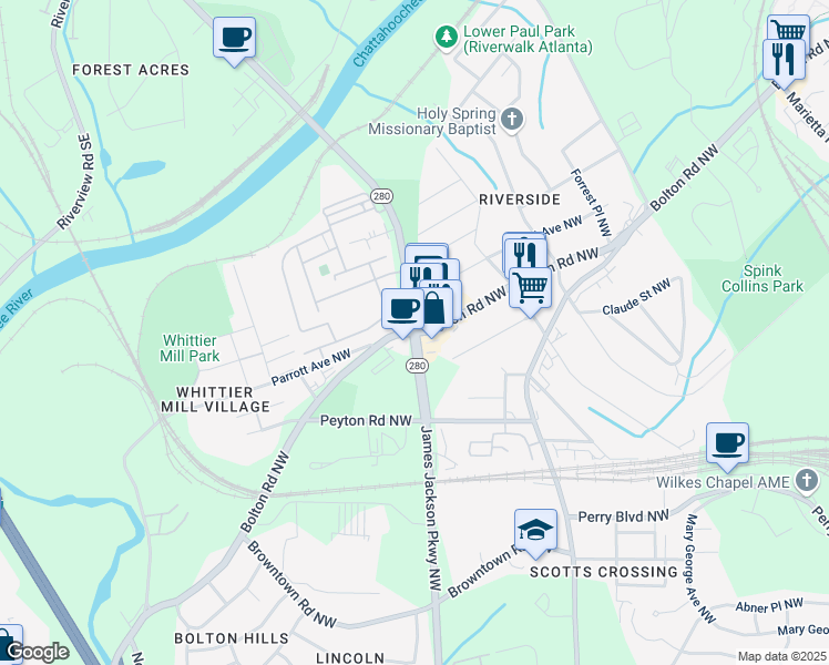 map of restaurants, bars, coffee shops, grocery stores, and more near James Jackson Parkway Northwest & Bolton Road Northwest in Atlanta