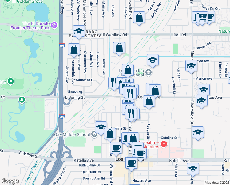 map of restaurants, bars, coffee shops, grocery stores, and more near 3381 West Cerritos Avenue in Los Alamitos