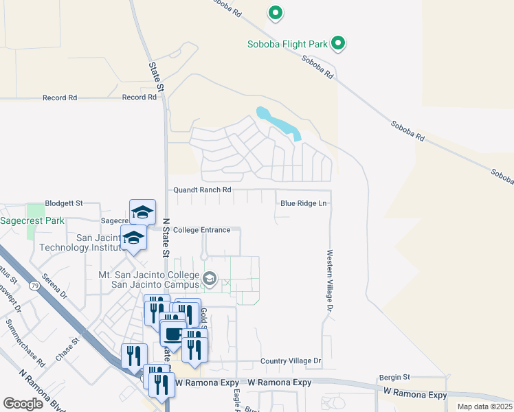 map of restaurants, bars, coffee shops, grocery stores, and more near 1760 Rolling Meadows Court in San Jacinto