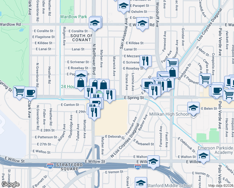 map of restaurants, bars, coffee shops, grocery stores, and more near 5633 East Spring Street in Long Beach