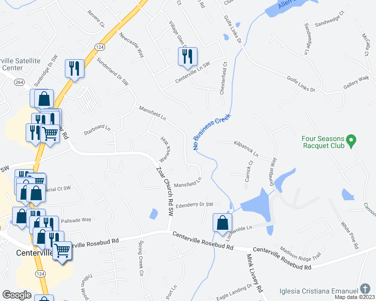 map of restaurants, bars, coffee shops, grocery stores, and more near 3458 Mansfield Lane in Snellville