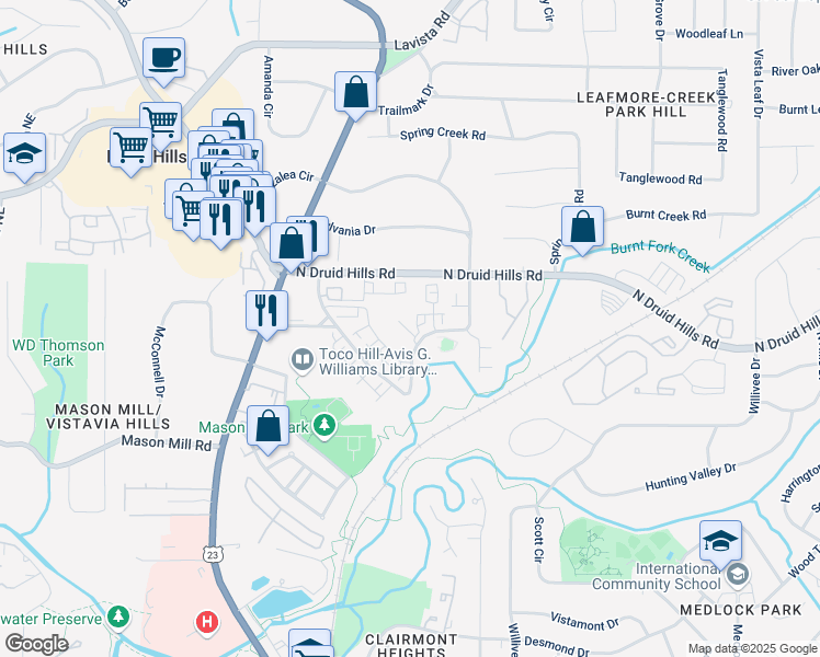 map of restaurants, bars, coffee shops, grocery stores, and more near 1086 Battery Park Road in Decatur