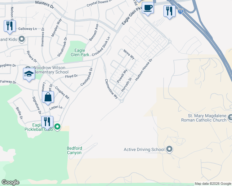 map of restaurants, bars, coffee shops, grocery stores, and more near 2521 Verna Drive in Corona