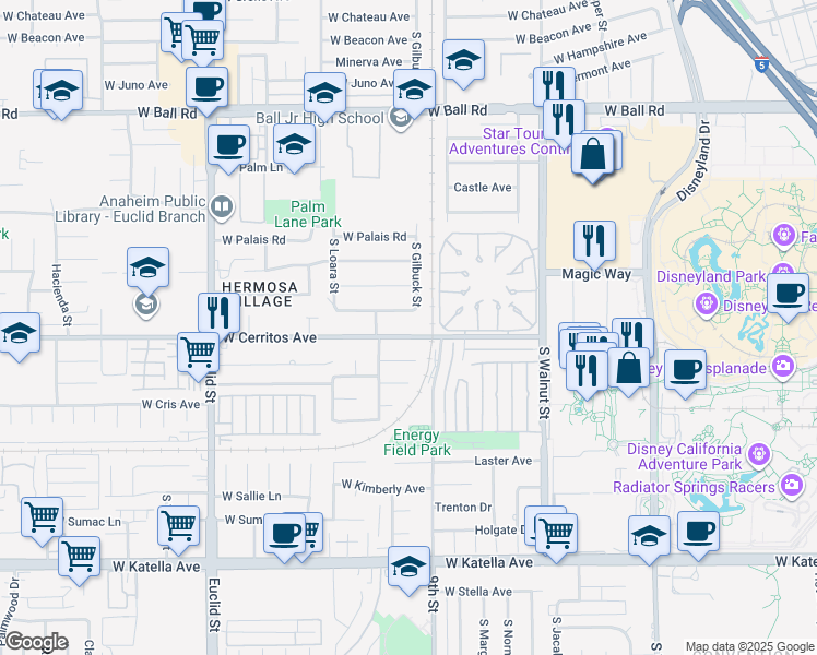 map of restaurants, bars, coffee shops, grocery stores, and more near 1440 South Gilbuck Street in Anaheim