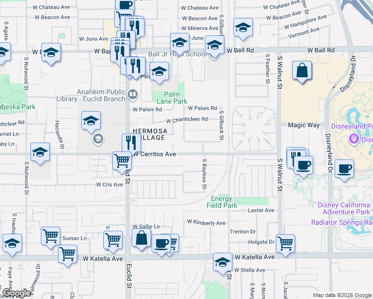 map of restaurants, bars, coffee shops, grocery stores, and more near 1575 West Lullaby Lane in Anaheim