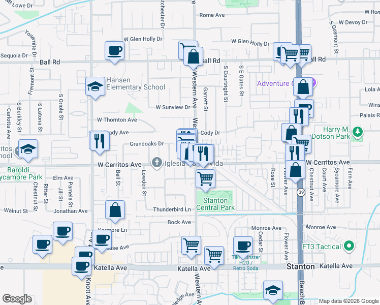 map of restaurants, bars, coffee shops, grocery stores, and more near 7449 Cerritos Avenue in Stanton