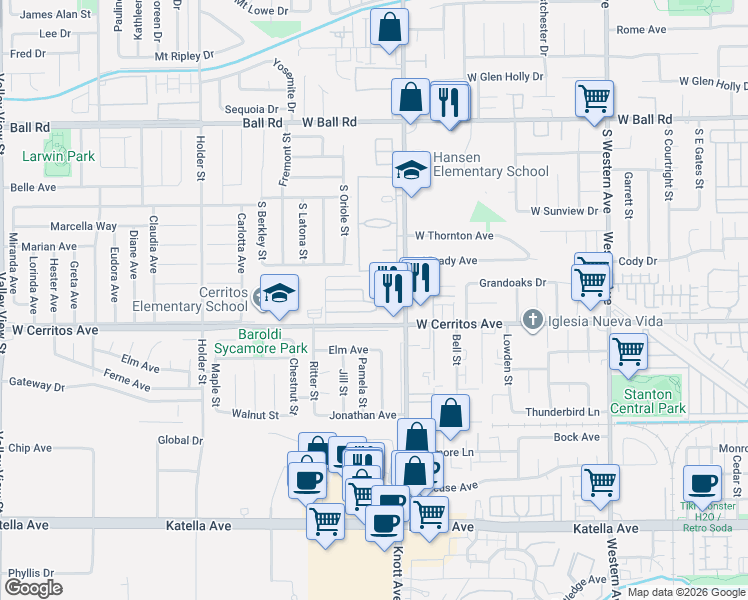 map of restaurants, bars, coffee shops, grocery stores, and more near 3534 Christine Circle in Anaheim