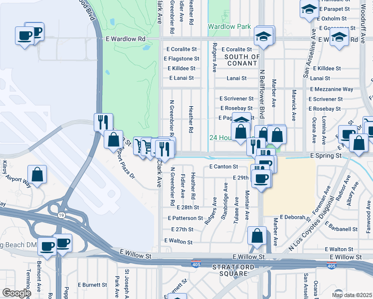 map of restaurants, bars, coffee shops, grocery stores, and more near 3028 Heather Road in Long Beach