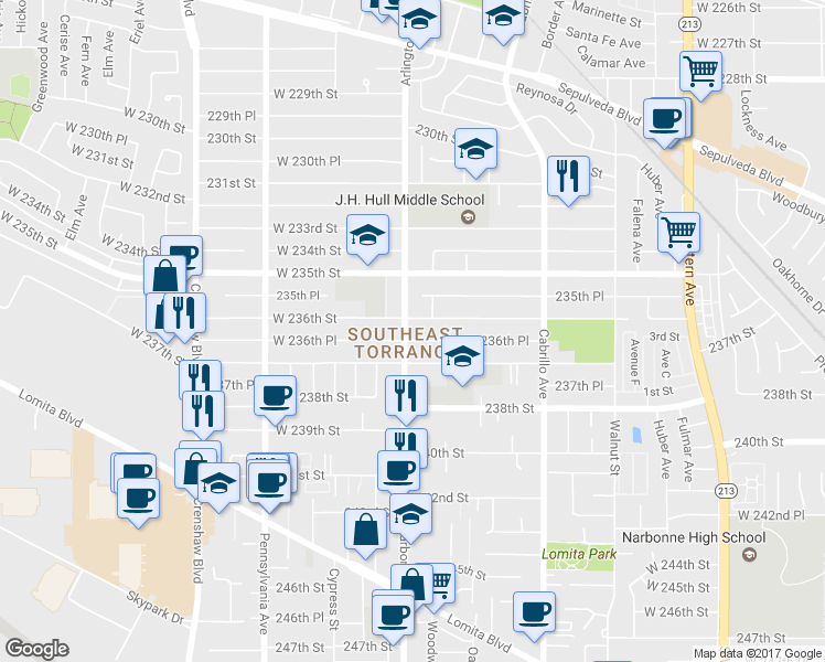 map of restaurants, bars, coffee shops, grocery stores, and more near 23525 Arlington Avenue in Torrance