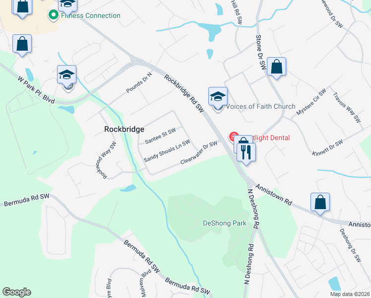 map of restaurants, bars, coffee shops, grocery stores, and more near 5401 Sandy Stream Drive Southwest in Stone Mountain