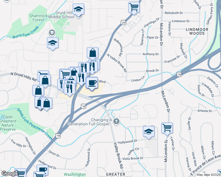 map of restaurants, bars, coffee shops, grocery stores, and more near 1949 Brian Way in Decatur
