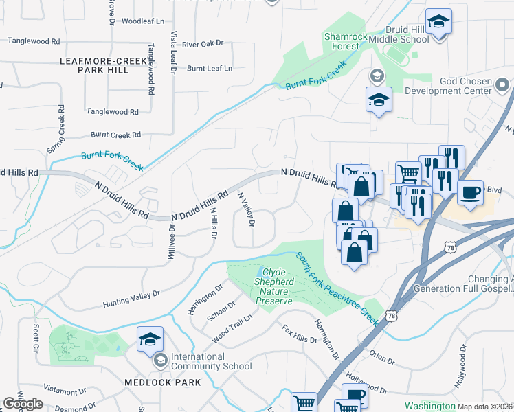 map of restaurants, bars, coffee shops, grocery stores, and more near 900 Homewood Court in Decatur