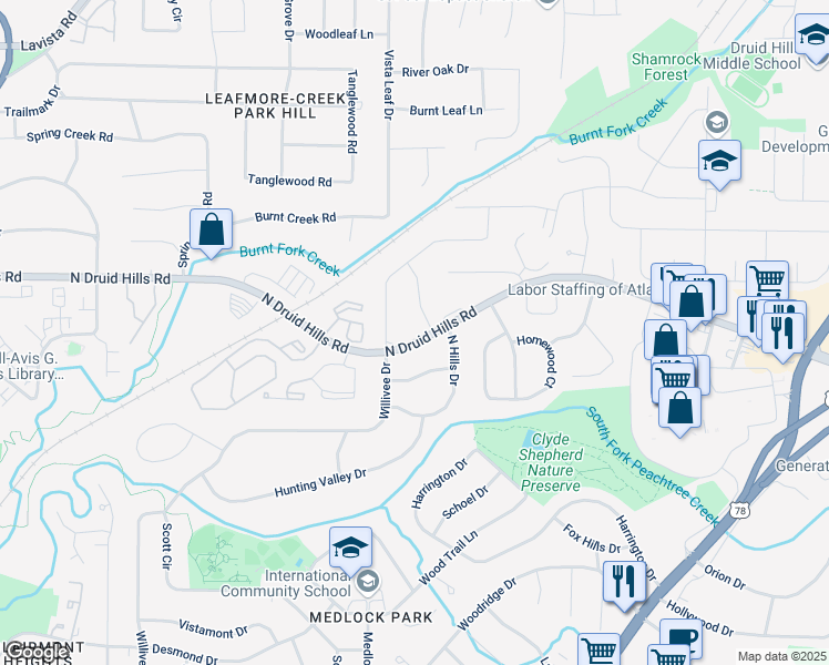 map of restaurants, bars, coffee shops, grocery stores, and more near North Druid Hills Circle in North Decatur