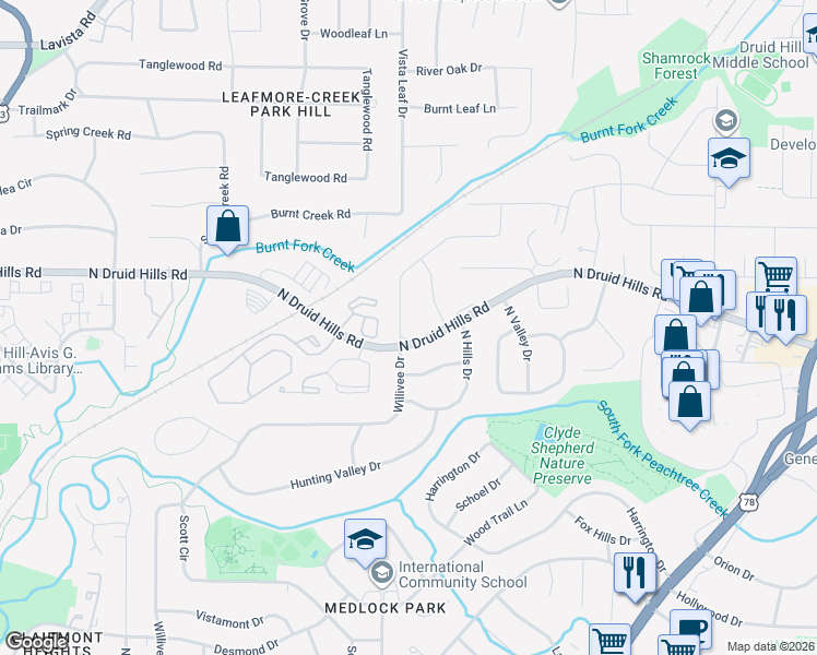 map of restaurants, bars, coffee shops, grocery stores, and more near 1275 Willivee Drive in Decatur