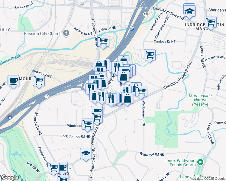 map of restaurants, bars, coffee shops, grocery stores, and more near 580 Bismark Road Northeast in Atlanta