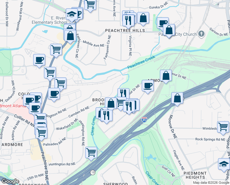 map of restaurants, bars, coffee shops, grocery stores, and more near 309 Camden Road Northeast in Atlanta