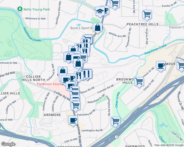 map of restaurants, bars, coffee shops, grocery stores, and more near 40 Peachtree Valley Road Northeast in Atlanta