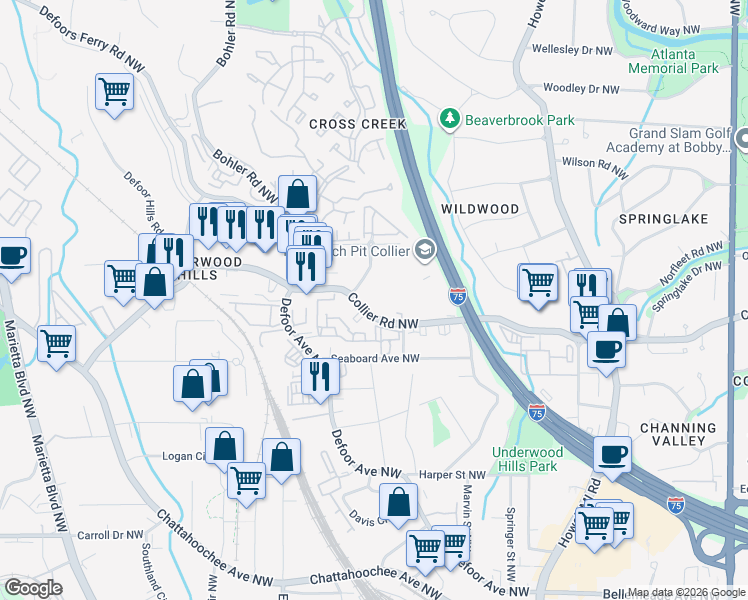map of restaurants, bars, coffee shops, grocery stores, and more near 1101 Collier Road Northwest in Atlanta