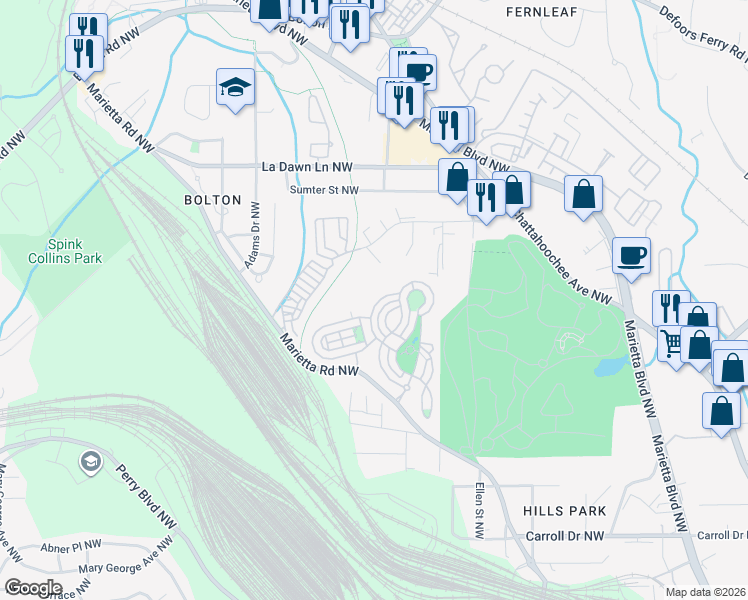map of restaurants, bars, coffee shops, grocery stores, and more near 1716 Barfield Run Northwest in Atlanta