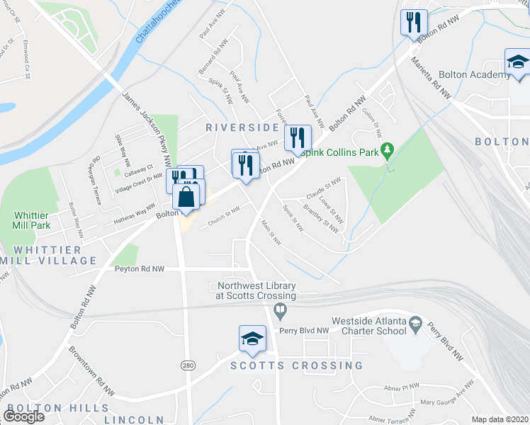 map of restaurants, bars, coffee shops, grocery stores, and more near 2042 Hollywood Road Northwest in Atlanta