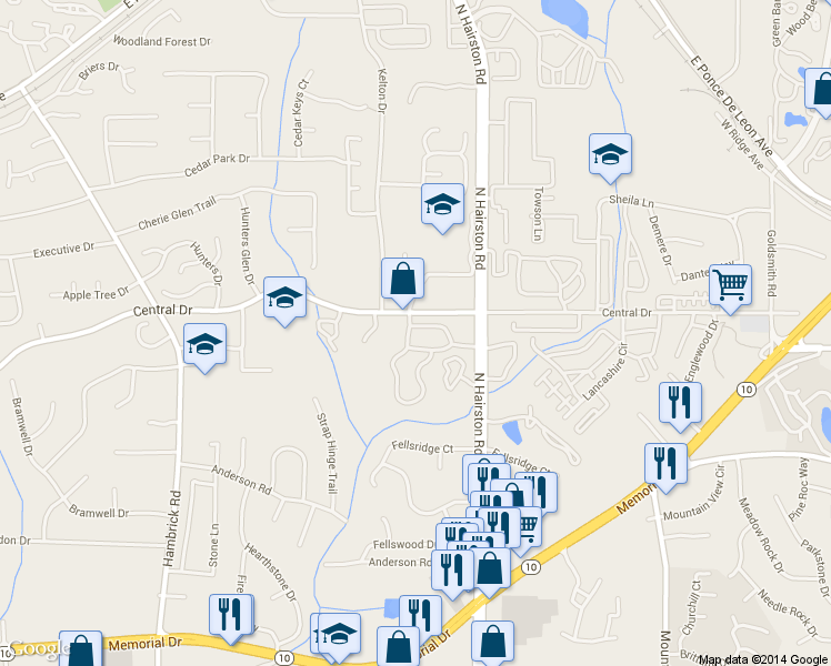 map of restaurants, bars, coffee shops, grocery stores, and more near 924 Park Gate Place in Stone Mountain