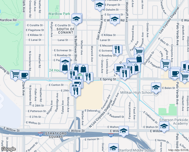 map of restaurants, bars, coffee shops, grocery stores, and more near 5633 East Spring Street in Long Beach