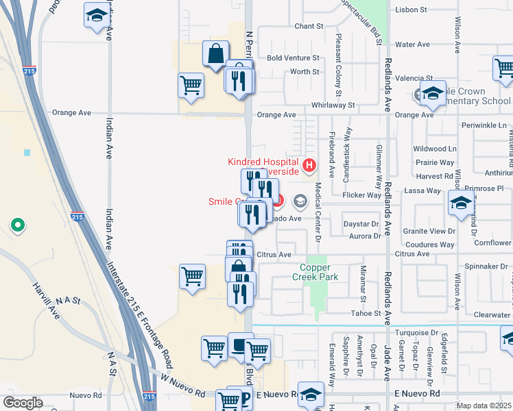 map of restaurants, bars, coffee shops, grocery stores, and more near 2131 North Perris Boulevard in Perris