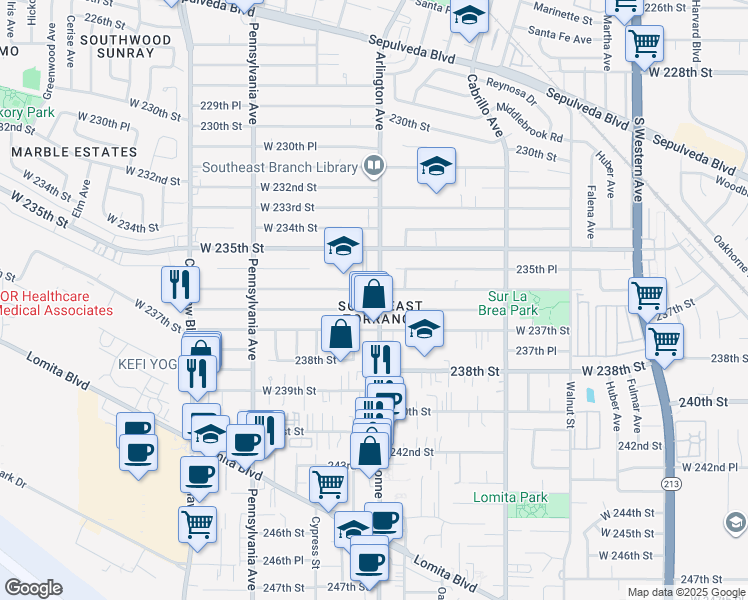 map of restaurants, bars, coffee shops, grocery stores, and more near 23611 Arlington Avenue in Torrance